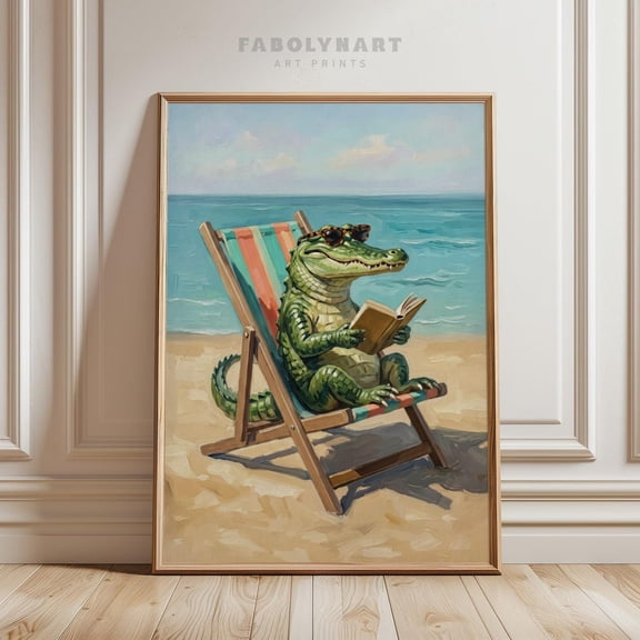 Alligator Reading Book Summer Animal Beach House Decor Crocodile Book Lovers, Unframed Poster