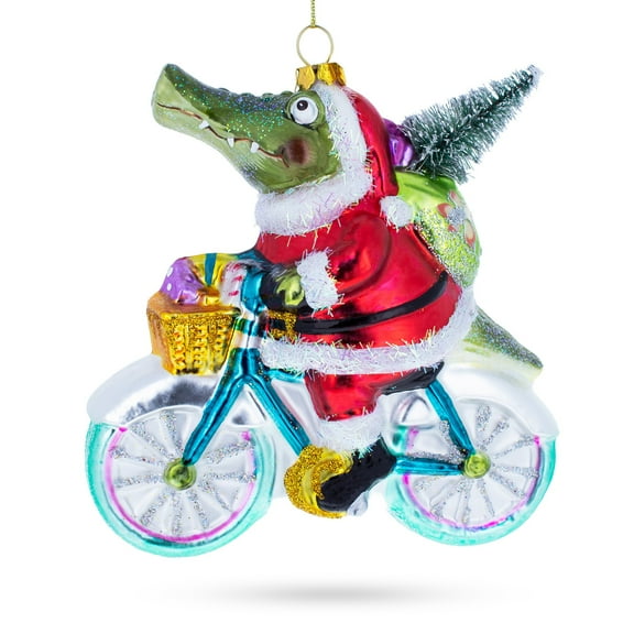 Alligator Riding Bicycle with Gifts Glass Christmas Ornament