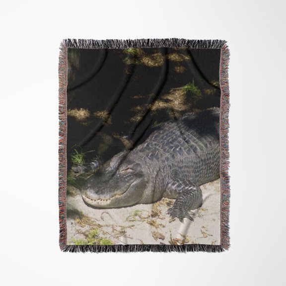 Alligator Sunbathing Photograph , Woven Blanket