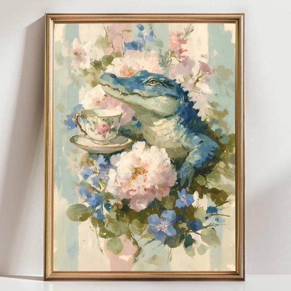 Alligator Tea Party Wall Art Whimsical Floral Animal Gator Cottagecore Kitchen Decor
