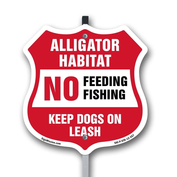 Alligator Warning Shield Sign Alligator Habitat No Feeding Fishing. Keep Dogs On Leash 12 inch X 12 inch Shield Shaped Rust-Free Aluminum Metal Sign with Aluminum Mounting Stake Weather