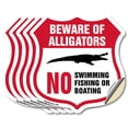thumbnail image 1 of Alligator Warning Shield Sign Beware Of Alligators. No Swimming Fishing Or Boating (5 Pack) 4 inch X 4 inch Shield Shaped Heavy Duty 3.2 mil Vinyl Decals Weather Resistant Made in the, 1 of 6