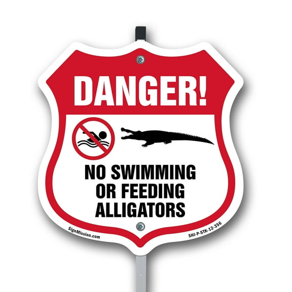 Alligator Warning Shield Sign Danger! No Swimming Or Feeding Alligators 12 inch X 12 inch Shield Shaped Rust-Free Aluminum Metal Sign with Aluminum Mounting Stake Weather Resistant, UV