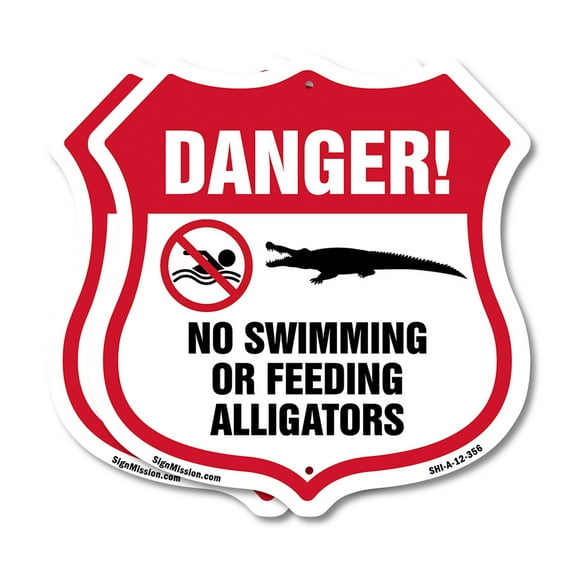 Alligator Warning Shield Sign Danger! No Swimming Or Feeding Alligators (2 Pack) 12 inch X 12 inch Shield-Shaped Rust-Free Aluminum Metal Signs Weather Resistant, UV Protected Made in