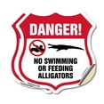 thumbnail image 1 of Alligator Warning Shield Sign Danger! No Swimming Or Feeding Alligators (2 Pack) 6 inch X 6 inch Shield Shaped Heavy Duty 3.2 mil Vinyl Decals Weather Resistant, UV Protected Made in, 1 of 6