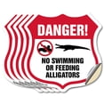 thumbnail image 1 of Alligator Warning Shield Sign Danger! No Swimming Or Feeding Alligators (5 Pack) 6 inch X 6 inch Shield Shaped Heavy Duty 3.2 mil Vinyl Decals Weather Resistant, UV Protected Made in, 1 of 6