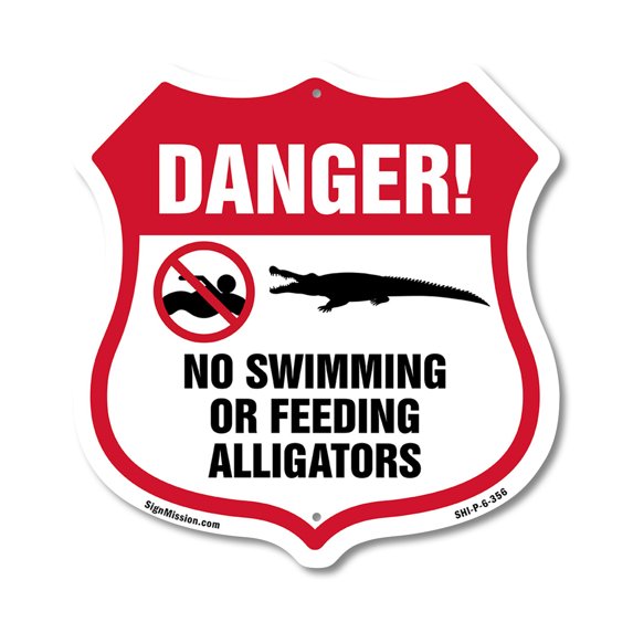Alligator Warning Shield Sign Danger! No Swimming Or Feeding Alligators 6 inch X 6 inch Shield Shaped Commercial Grade Plastic Sign Weather Resistant, UV Protected Made in the USA