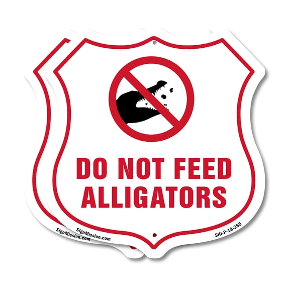 Alligator Warning Shield Sign Do Not Feed Alligators (2 Pack) 18 inch X 18 inch Shield Shaped Commercial Grade Plastic Signs Weather Resistant, UV Protected for Workplace Made in the