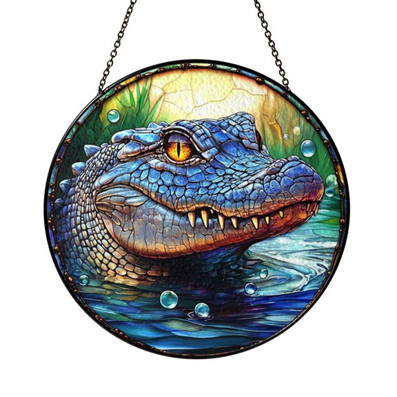 Alligator Window Panel with Stained Glass Look, Home Wildlife Window Decor Featuring Reptile Design