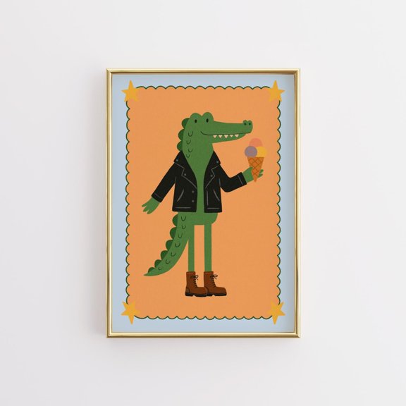 Alligator With Ice Cream Print, Quirky Animal Art, Kids Room Decor, Poster Only