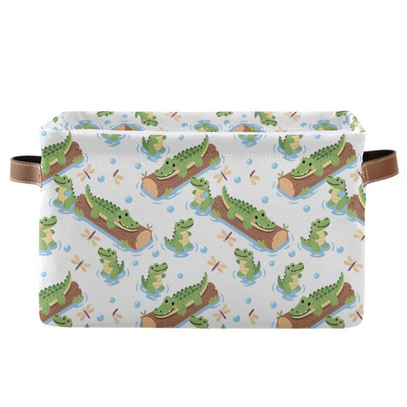 Alligator Wood Bubbles Pattern Storage Basket Canvas Waterproof PE Lining PU Leather Handles Collapsible 14.2x10.2x8.3in