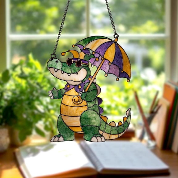 Alligator with Umbrella Suncatcher, Cute Crocodile Acrylic Style Window Decor, Whimsical Gift, Mardi Gras Jester, Louisiana Bayou Decor