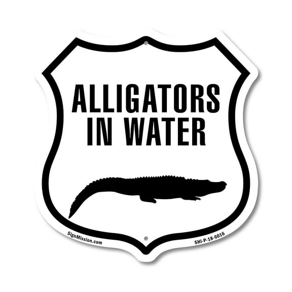 Alligators in water 12 inch X 12 inch Shield-Shaped Rust-Free Aluminum Metal Sign Weather Resistant Made in the USA