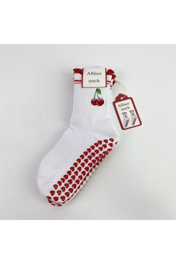 Women's Pilates Socks - Anti-slip Short Socks with Ruffled Cherry Embroidery for Yoga