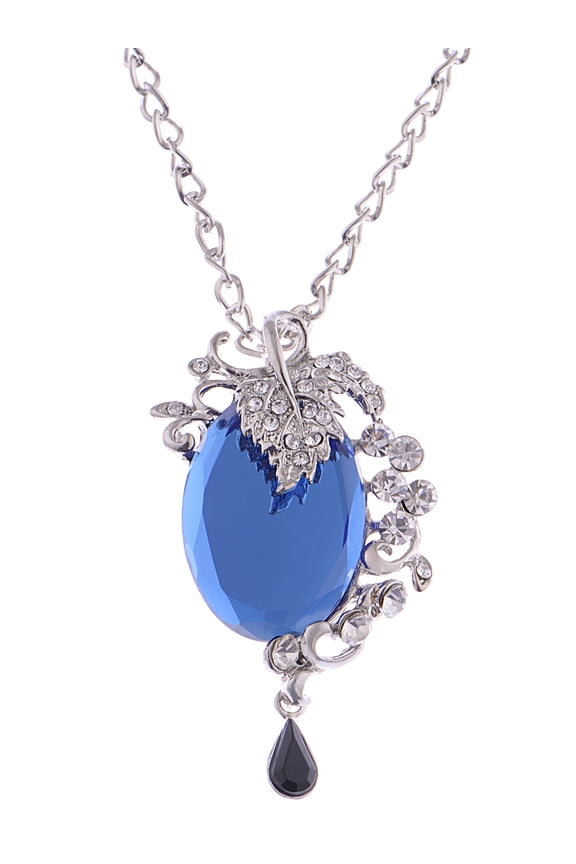 Allilang Blue Sapphire Tone Plum Dreams Rhinestone Leaves Synthetic Jet Esque Stone Chain Necklace