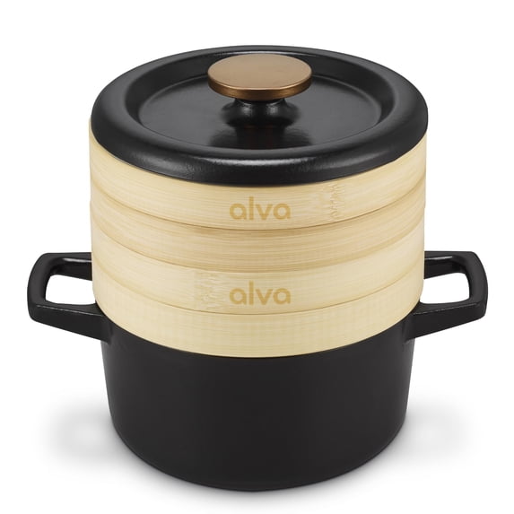 Alva Nori Enameled Cast Iron Steamer Set Dutch Oven 2.4Qt. - Oven Safe and Made without Harmful Chemicals - Induction and All Stovetop Compatible with Even Heat Distribution
