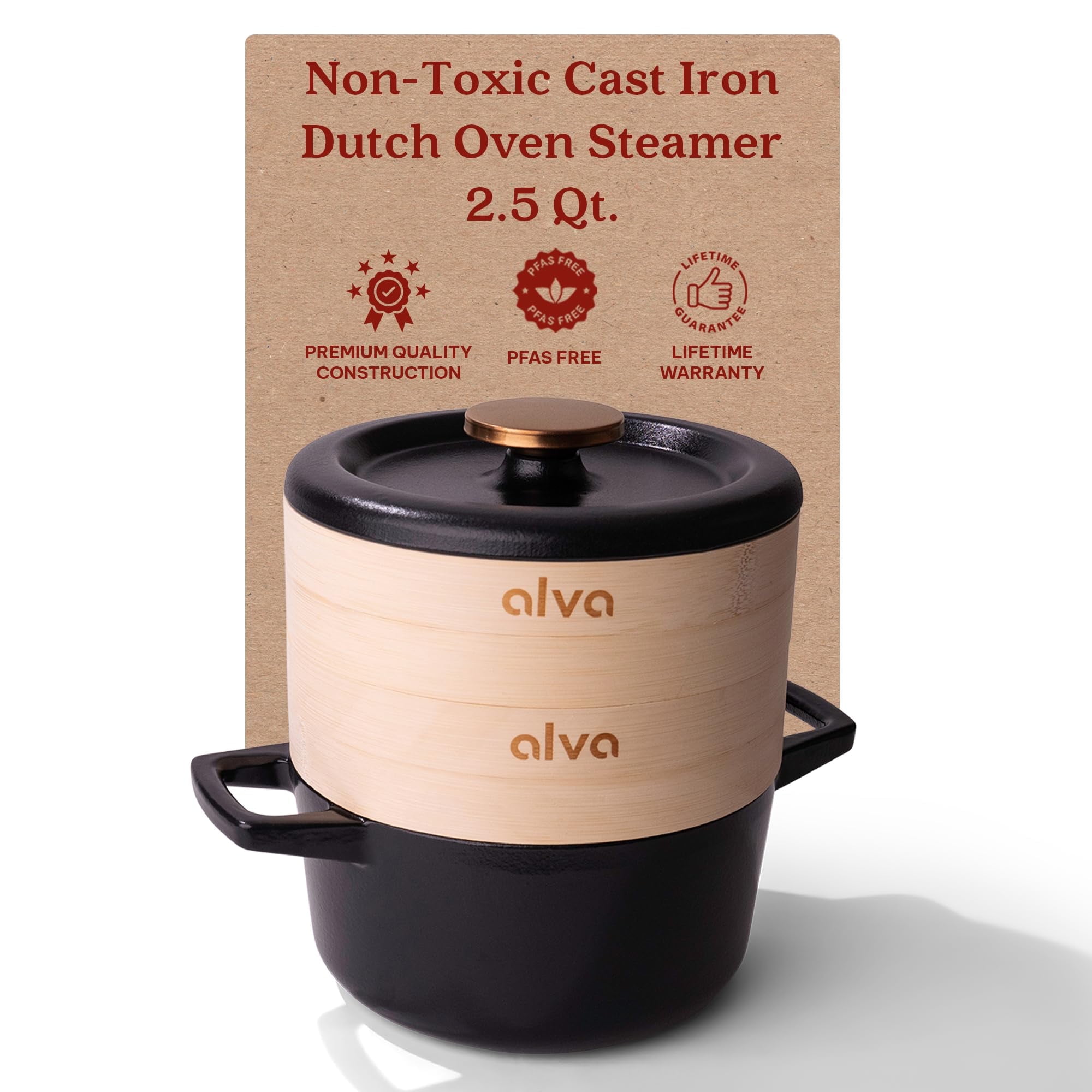 Alva 2 Qt Black Enameled Cast Iron Dutch Oven with Bamboo Inserts