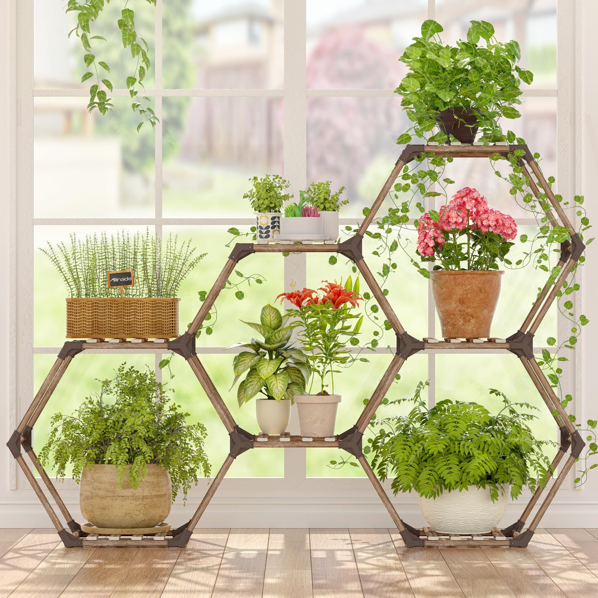 Allinside Hexagonal Plant Stand, 7Tier Wooden Indoor Outdoor Shelf for