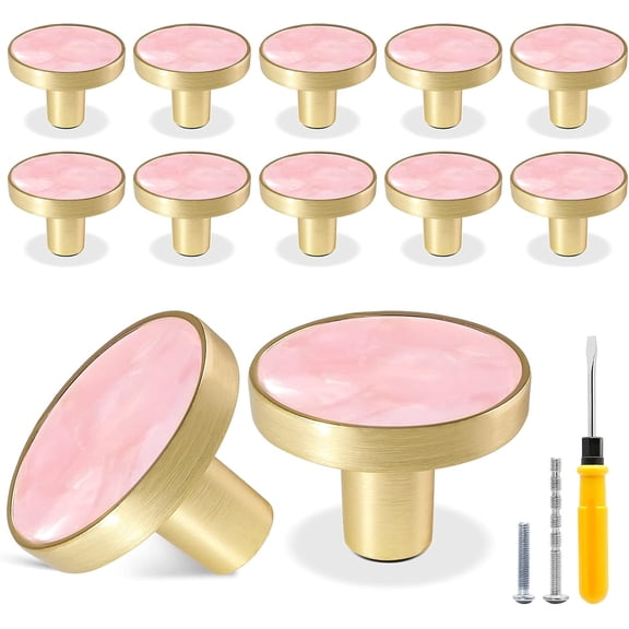 Allio-12 Pack Gold Knobs for Dresser Drawers, Brass Dresser Knobs Round Cabinet Knob for Kitchen Cabinet Cupboard Door Decorative Furniture Hardware, 1-1/4" Diameter, Pink