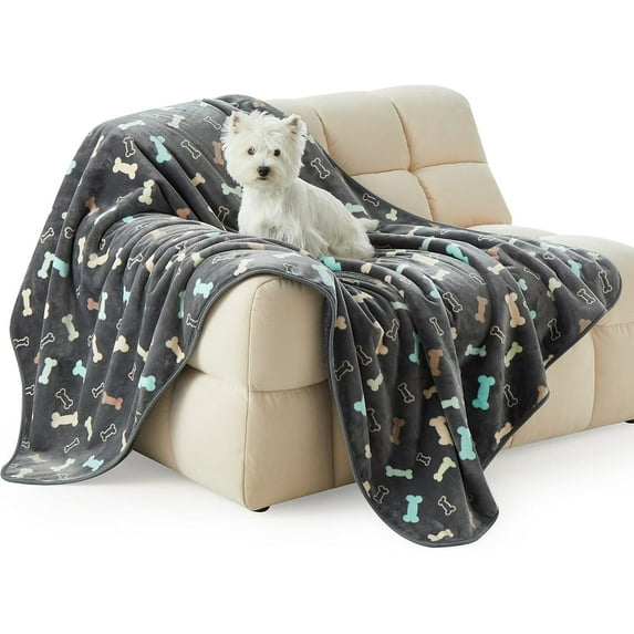Allisandro Waterproof Blanket for Couch, Chairs, Car, or Bed, Machine Washable 3 Layer Waterproof Furniture Protector with Cute Bone Print for Dogs & Cats, Grey, 55 X 39 Inches