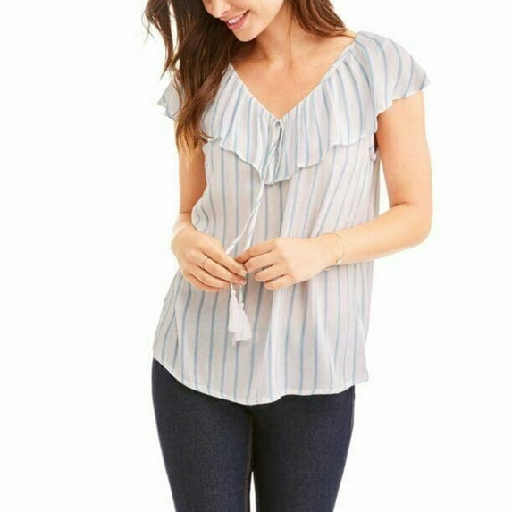Allison Brittney Blouse Women's Size M Blue Striped Ruffle Tassels Sleeveless B3