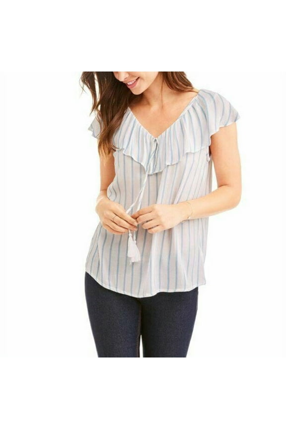 Blouse Women's Size M Blue Striped Ruffle Tassels Sleeveless B3