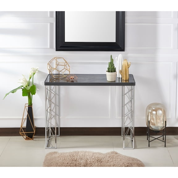Allison Faux Marble Top Console Table, Black and Chrome