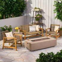Allison Outdoor 5 Piece Wood and Wicker Chat Set with Fire Pit, Gray and Light Gray