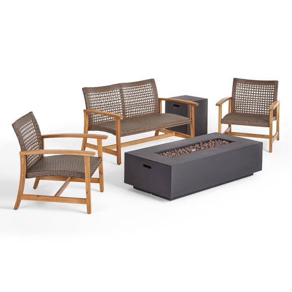 Allison Outdoor 5 Piece Wood and Wicker Chat Set with Fire Pit
