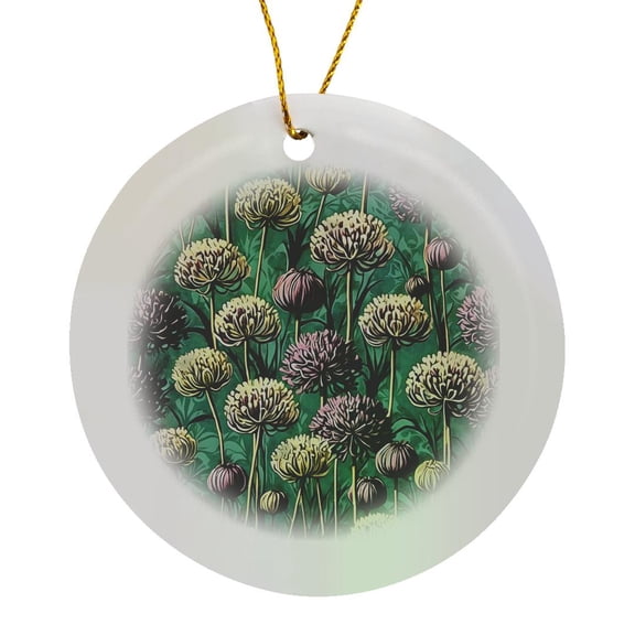 3drose, Allium in Bloom Flower Background Retro Abstract Art 2, Circle Porcelain Ornament