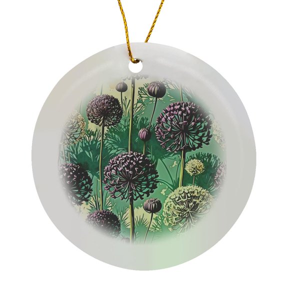 3drose, Allium in Bloom Flower Background Retro Abstract Art, Circle Porcelain Ornament