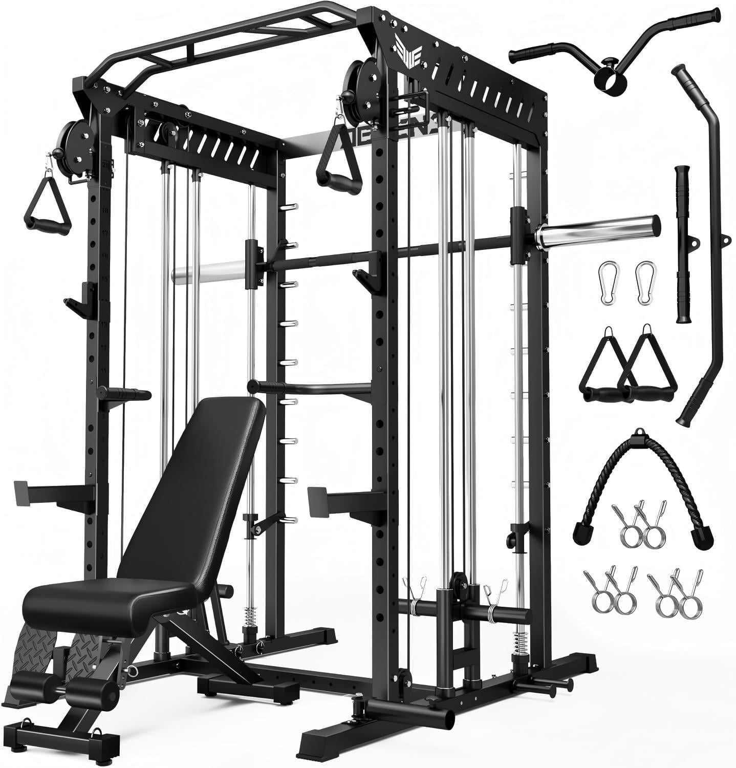 Forgemus Smith Machine, Multi-Function Power Cage with Dual Pulley Cable Crossover System, 2000LBS All-in-One Squat Rack with Smith Bar and Attachments, Workout Machine for Home Gym
