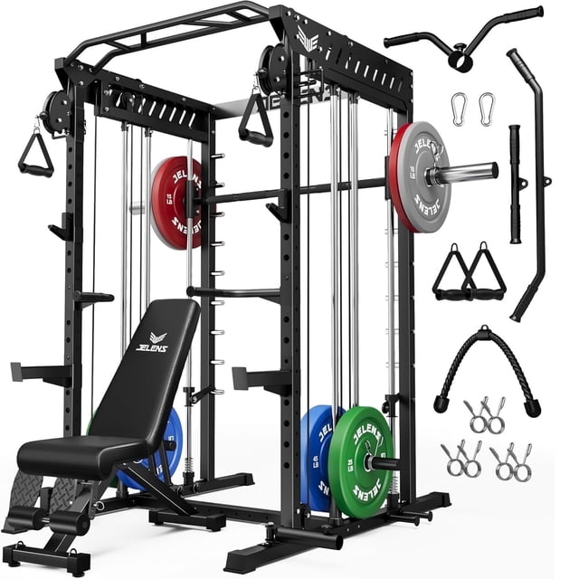 Forgemus Smith Machine, Multi-Function Power Cage with Dual Pulley Cable Crossover System, 2000LBS All-in-One Squat Rack with Smith Bar and Attachments, Workout Machine for Home Gym