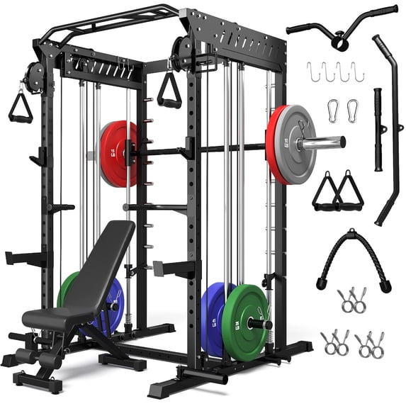 Forgemus Smith Machine, Multi-Function Power Cage with Dual Pulley Cable Crossover System, 2000LBS All-in-One Squat Rack with Smith Bar and Attachments, Workout Machine for Home Gym