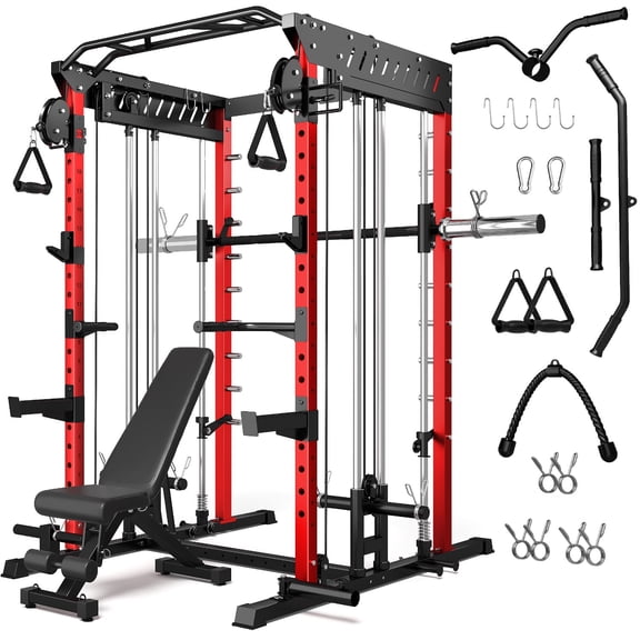Forgemus Smith Machine, Multi-Function Power Cage with Dual Pulley Cable Crossover System, 2000LBS All-in-One Squat Rack with Smith Bar and Attachments, Workout Machine for Home Gym