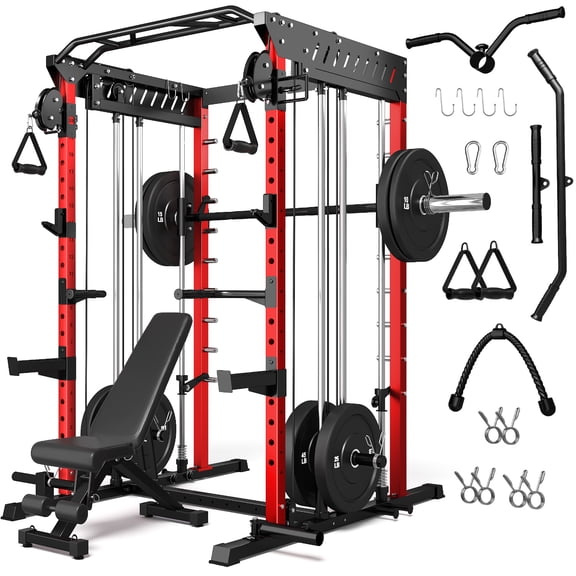 Forgemus Smith Machine, Multi-Function Power Cage with Dual Pulley Cable Crossover System, 2000LBS All-in-One Squat Rack with Smith Bar and Attachments, Workout Machine for Home Gym