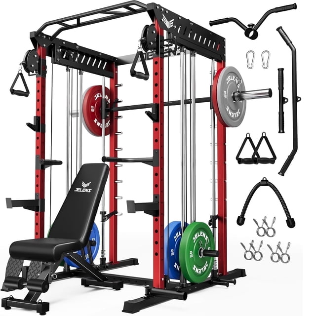 Forgemus Smith Machine, Multi-Function Power Cage with Dual Pulley Cable Crossover System, 2000LBS All-in-One Squat Rack with Smith Bar and Attachments, Workout Machine for Home Gym