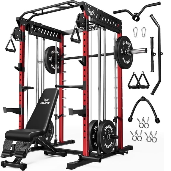 Forgemus Smith Machine, Multi-Function Power Cage with Dual Pulley Cable Crossover System, 2000LBS All-in-One Squat Rack with Smith Bar and Attachments, Workout Machine for Home Gym