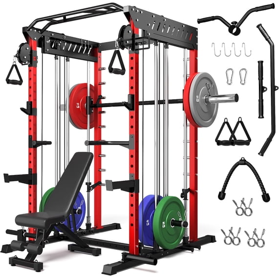 Forgemus Smith Machine, Multi-Function Power Cage with Dual Pulley Cable Crossover System, 2000LBS All-in-One Squat Rack with Smith Bar and Attachments, Workout Machine for Home Gym