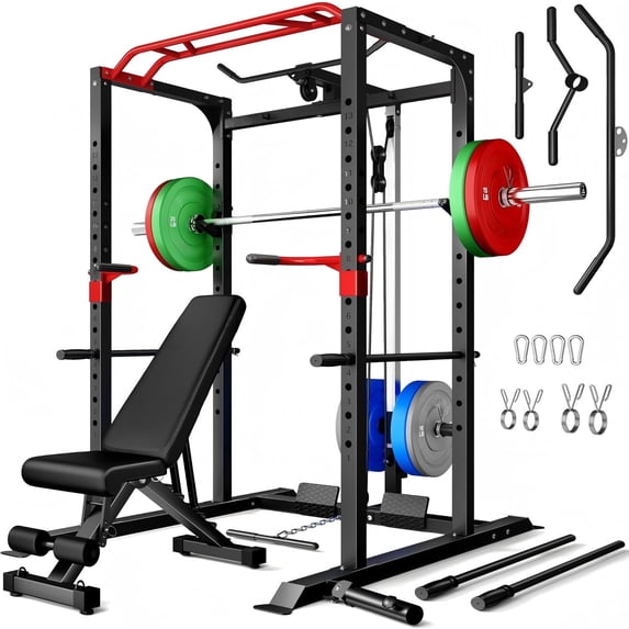 Forgemus Squat Rack for Home Gym,2000lbs Power Rack Squat Machine with LAT Pulldown and More Training Attachments,Weight Rack with Adjustable Pulley System for Full Body Workout,Black