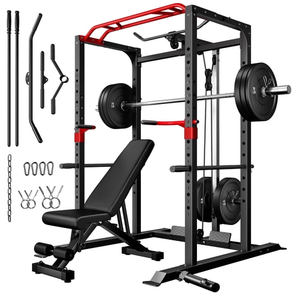 Forgemus Squat Rack for Home Gym,2000lbs Power Rack Squat Machine with LAT Pulldown and More Training Attachments,Weight Rack with Adjustable Pulley System for Full Body Workout,Black
