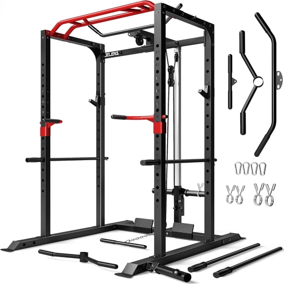 Squat Rack for Home Gym,2000lbs Power Rack Squat Machine with LAT Pulldown and More Training Attachments,Weight Rack with Adjustable Pulley System for Full Body Workout,Black