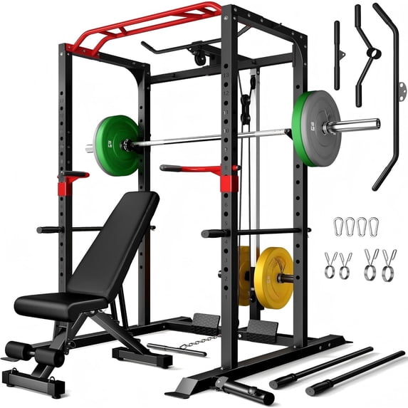 Forgemus Squat Rack for Home Gym,2000lbs Power Rack Squat Machine with LAT Pulldown and More Training Attachments,Weight Rack with Adjustable Pulley System for Full Body Workout,Black