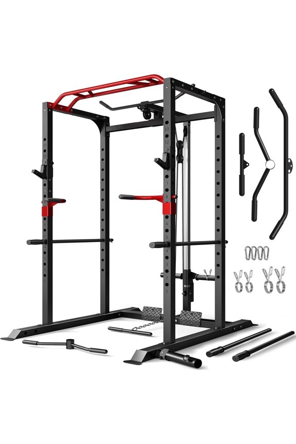 Squat Rack for Home Gym,2000lbs Power Rack Squat Machine with LAT Pulldown and More Training Attachments,Weight Rack with Adjustable Pulley System for Full Body Workout,Black