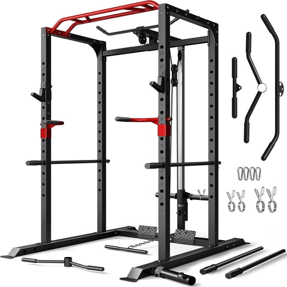 Allivate Squat Rack for Home Gym,2000lbs Power Rack Squat Machine with LAT Pulldown and More Training Attachments,Weight Rack with Adjustable Pulley System for Full Body Workout,Black