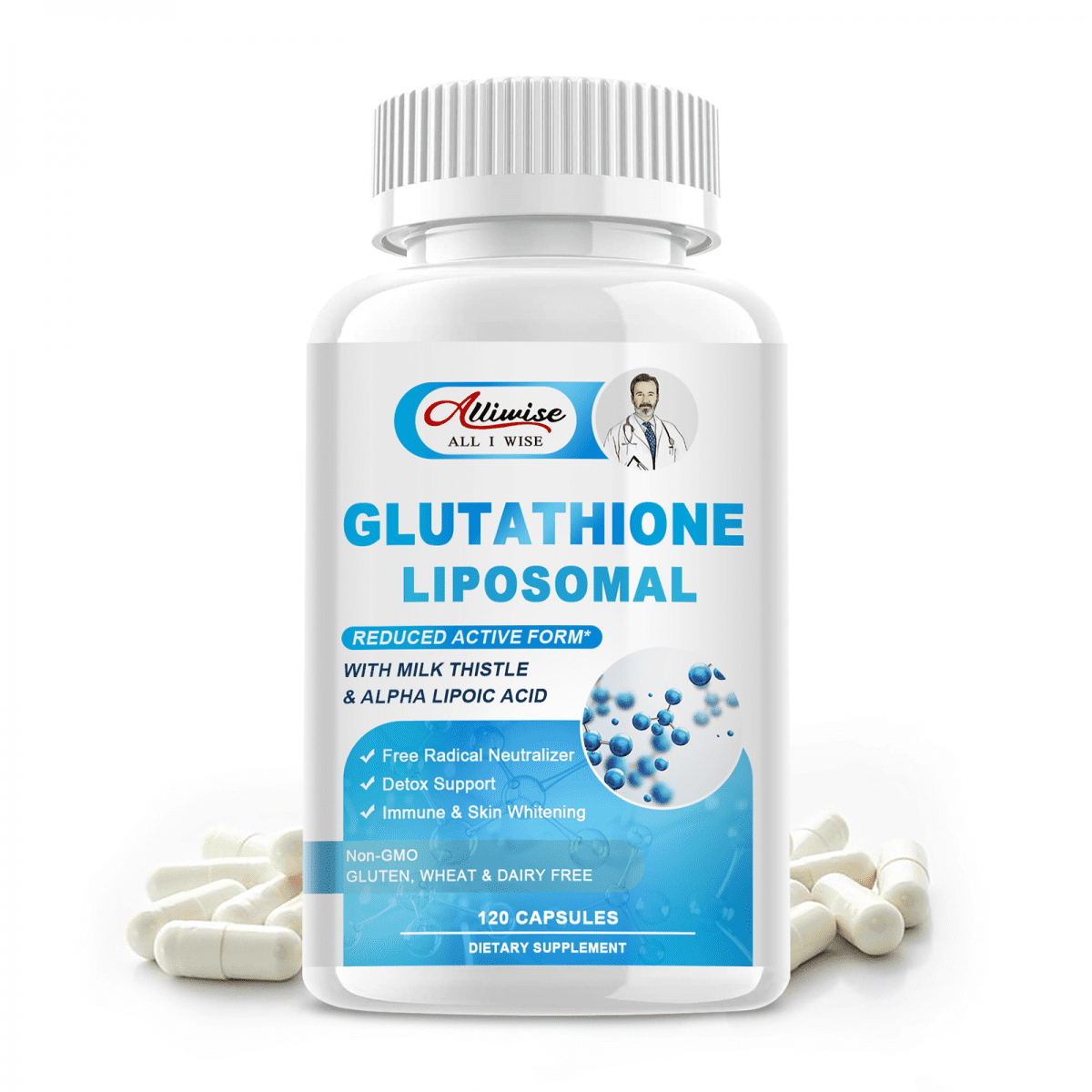 Alliwise Liposomal Glutathione Supplement 1000mg - Natural Liver Detox & Antioxidant Support - Vegan, Non-GMO, Gluten-Free - 120 Capsules
