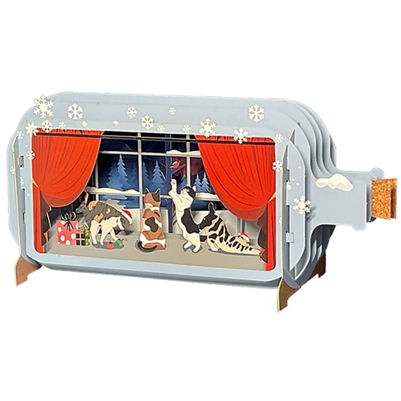 Alljoy Design Cats Playing on Ledge at Snow Covered Window with Red Curtains Laser Cut 3D Pop Up Christmas Card