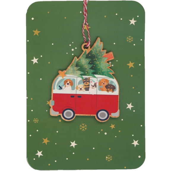 Alljoy Design Dogs in Van Transporting Tree Keepsake Wooden Ornament on Green Background with Stars Christmas Card