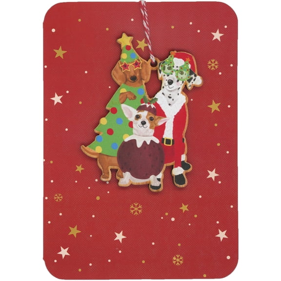 Alljoy Design Festive Pups: Dogs in Costumes Keepsake Wooden Ornament on Red Background with Stars Christmas Card