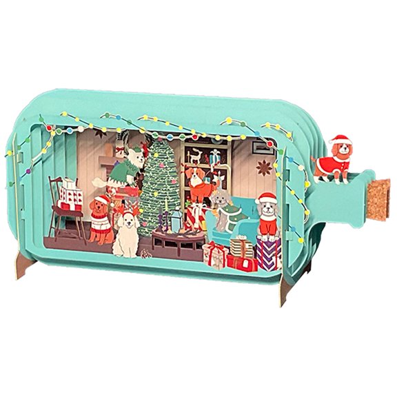 Alljoy Design Puppies Sitting on Chair, Floor, Gifts and Table in Family Room with Tree Laser Cut 3D Pop Up Christmas Card
